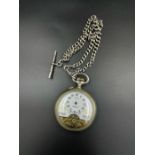 A Jovis 8 day pocket watch AF with hallmarked silver Albert chain