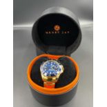 Henry Jay aqua master quartz deep blue dial and bezel, gold plated case and bracelet