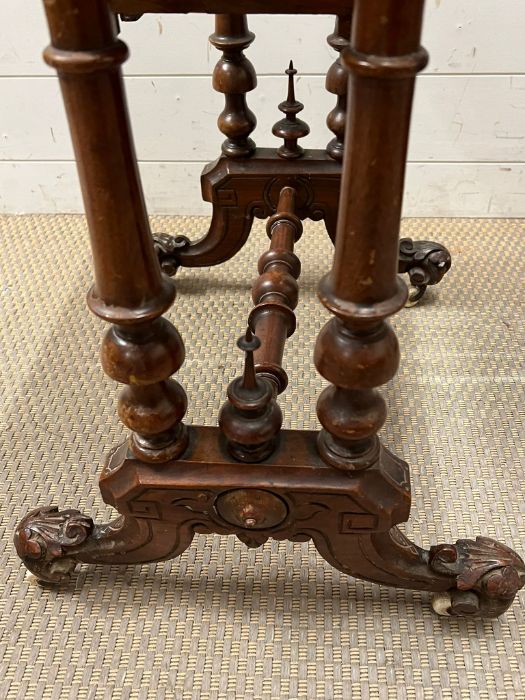 A walnut and mahogany work table, opening up to sewing compartments (H74cm W54cm D39cm) - Image 4 of 5