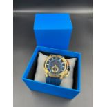Infinity Series 1001 quartz watch, blue/black/orange dial rose gold case and bezel, blue silicon