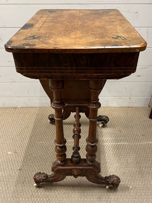 A walnut and mahogany work table, opening up to sewing compartments (H74cm W54cm D39cm) - Image 2 of 5