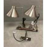 Two chrome table lights and a picture light