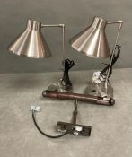 Two chrome table lights and a picture light