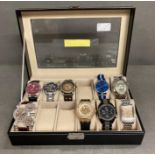 A selection of nine watches in a a watch box, various makers and styles to include Shenhua, MG,