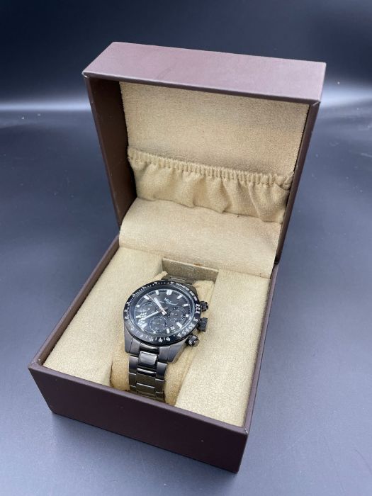 Lucian Piccard Heston quartz slate grey dial black bezel grey case two tone grey bracelet.