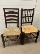 A ladder back chair and a spindle back chair with rush seats