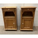 A pair of pine bedsides with drawers and cupboard, opening to shelves (H80cm W46cm D32cm)