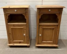 A pair of pine bedsides with drawers and cupboard, opening to shelves (H80cm W46cm D32cm)