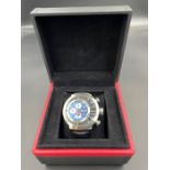 Delorean camshaft automatic blue/grey dial ss case, black leather strap.