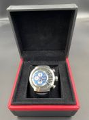 Delorean camshaft automatic blue/grey dial ss case, black leather strap.