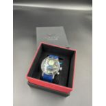 Vostok Europe Mriya ana-digiquartz electronic watch, yellow and black dial, silver ss case blue