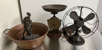 A selection of various metal and copper ware items to include a Salters family scale, vintage fan,