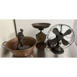 A selection of various metal and copper ware items to include a Salters family scale, vintage fan,