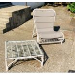 An off white woven garden lounge chair and side table with glass top by Lucy Collection