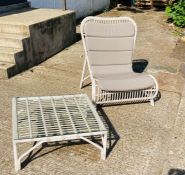 An off white woven garden lounge chair and side table with glass top by Lucy Collection