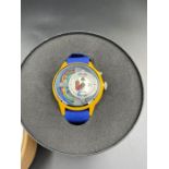 The Electricanz electric art cable Z quartz watch, multi coloured dial yellow ss/nylon case blue