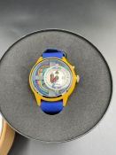 The Electricanz electric art cable Z quartz watch, multi coloured dial yellow ss/nylon case blue