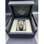 Gevril Triton GV2 Automatic sis PVD silver grey case white/silver dial gold bezel, black leather