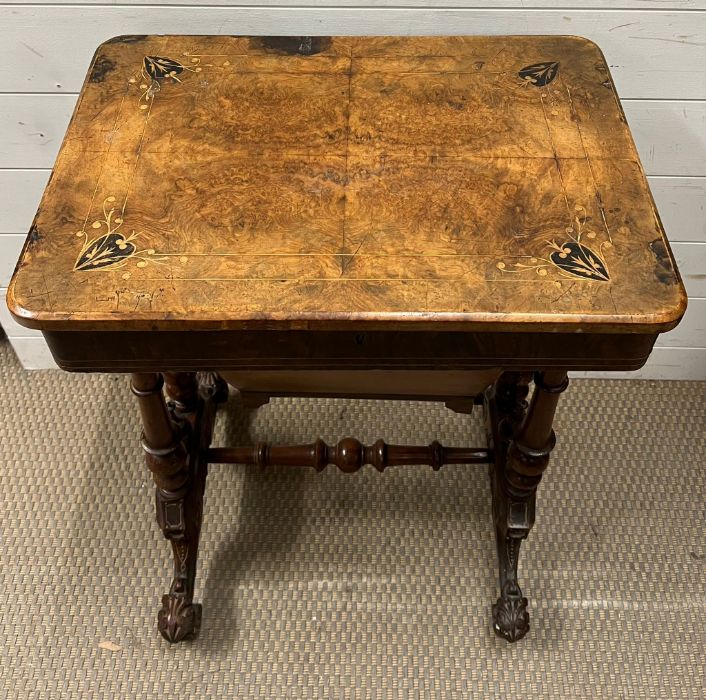 A walnut and mahogany work table, opening up to sewing compartments (H74cm W54cm D39cm) - Image 3 of 5