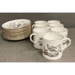 A set of seven cups and eleven saucers, Royal Worcester, Black Pheasant and Demi Tasse cups and