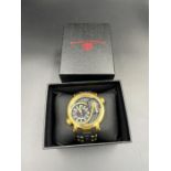 Swiss Legend time traveller quartz watch dual time, black/gold dial, gold plated case and bezel.