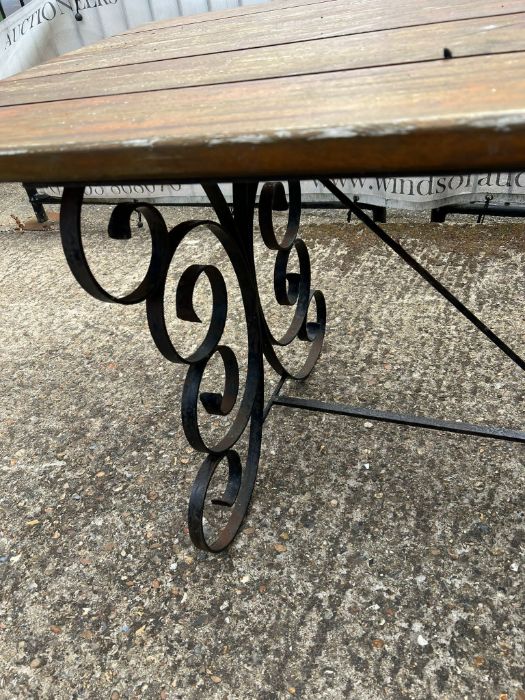 A wrought iron plank top garden table with scrolling sides (H76cm W183cm D76cm) - Image 3 of 3