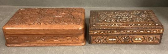A middle Eastern Syrian micro mosaic khatam inlaid jewellery box and a carved wooden box