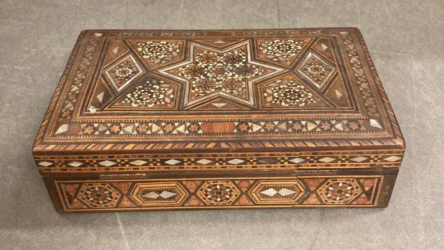 A middle Eastern Syrian micro mosaic khatam inlaid jewellery box and a carved wooden box - Image 2 of 5