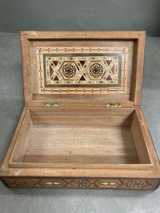 A middle Eastern Syrian micro mosaic khatam inlaid jewellery box and a carved wooden box - Image 3 of 5