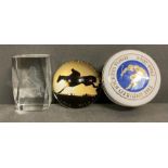 Two equine themed paper weights and an injured jockey and trinket pot