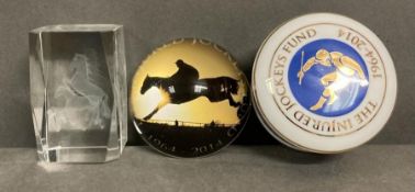 Two equine themed paper weights and an injured jockey and trinket pot