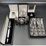 A selection of silver plated items and other gifts to include letter opener, pocket watch, Miniature