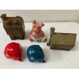 Five novelty money boxes including NatWest pig and Midland bank