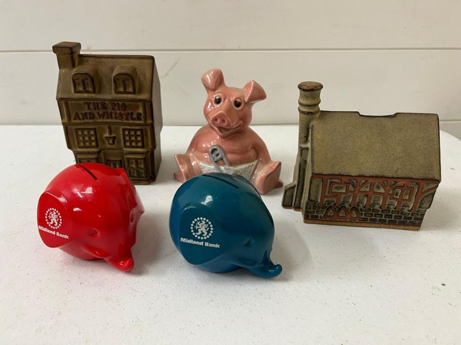 Five novelty money boxes including NatWest pig and Midland bank - Image 2 of 2