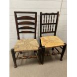 A ladder back chair and a spindle back chair with rush seats