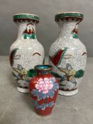 A pair of contemporary cloisonne vases and one small one (H17cm and H8cm)
