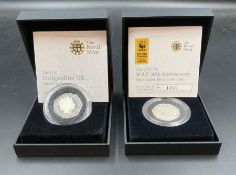 Two silver 50p Piedfort silver proof coins, WWF 50th Anniversary and Girlguiding UK 2010