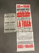 Two antique theatre playbills, Theatre Royal Birmingham 6th July 1827 and La Tosca starring Sarah
