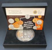 The Royal Mint 40th Anniversary of Decimalisation 2011 silver coin, 155.1g No 176.