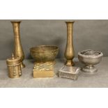 A selection of brass/copper and silver plate items