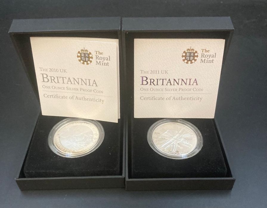 The 2010 and 2011 Royal Mint One Ounce Silver Proof Britannia, Boxed.