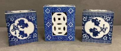 Three blue and white Chinese ceramic opium pillows