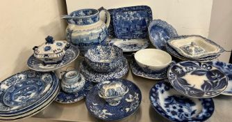 A mixed selection of blue and white china to include small platters, teapot etc
