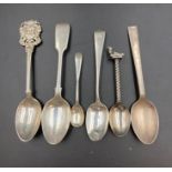 A selection of six various silver teaspoons, selection of styles, hallmarks and makers. (Approximate
