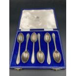 A Mappin and Webb cased box of six silver teaspoons, hallmarked for Sheffield 1977