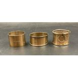 Three silver napkin rings, various hallmarks and makers (Total Approximate Weight 70g)