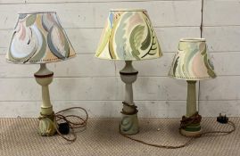 Three hand painted wooden lamp, signed to base and shade