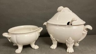 A Large soup bowl and tureen with ladle, hen foot detail