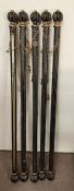 Five ebony and gilt style pillar curtain rods (167cm end to end)