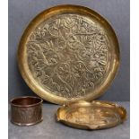 Three items from Keswick School of Industrial Art, brass pin dish, small tray and copper napkin